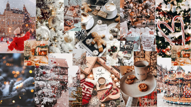 A beautiful Christmas collage wallpaper depicting a winter wonderland with gingerbread cookies, cozy drinks, and festive outdoor scenes