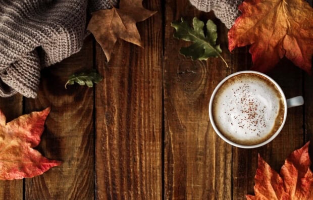 Cozy Fall Desktop Wallpaper featuring a coffee cup, knitted blanket, and autumn leaves on a wooden background