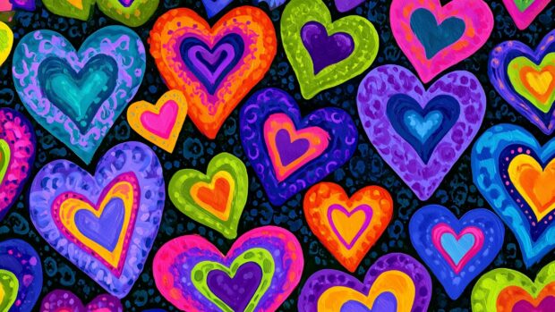 A vibrant and colorful abstract Heart Wallpaper pattern featuring many hearts in shades of purple, green, orange, and pink