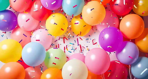A vibrant birthday wallpaper featuring a dense cluster of colorful balloons and scattered confetti