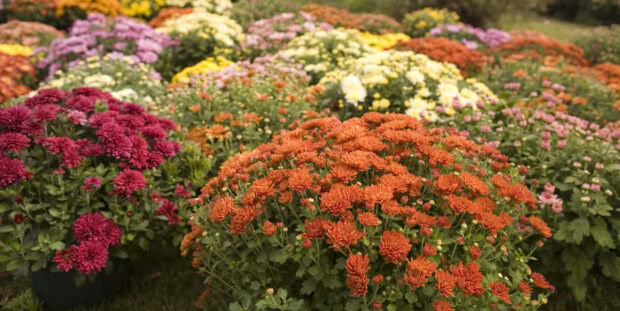 This Fall Flowers Wallpaper features a vibrant display of colorful chrysanthemum flower pots in various autumn hues