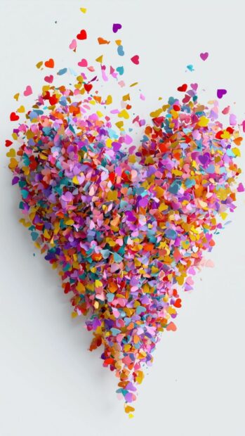 A vibrant heart wallpaper showing a large heart shape formed by colorful confetti on a clean white background