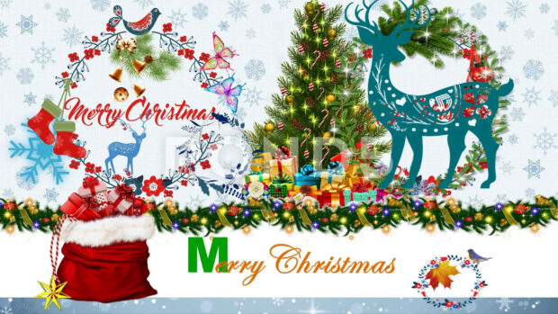 A colorful graphic Christmas collage wallpaper with 'Merry Christmas' text, a decorated tree, a teal deer, and a red gift sack on a snowflake background