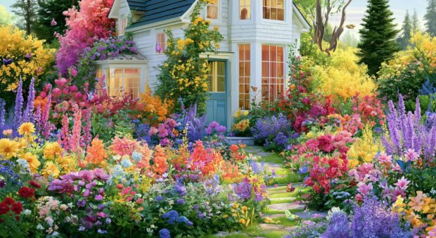 Flower wallpaper featuring a charming white house surrounded by a vibrant, colorful garden with numerous blooming flowers and butterflies