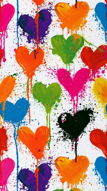 A vibrant paint splatter Heart Wallpaper showcasing colorful dripping hearts and paint flecks on a white background, perfect for mobile devices