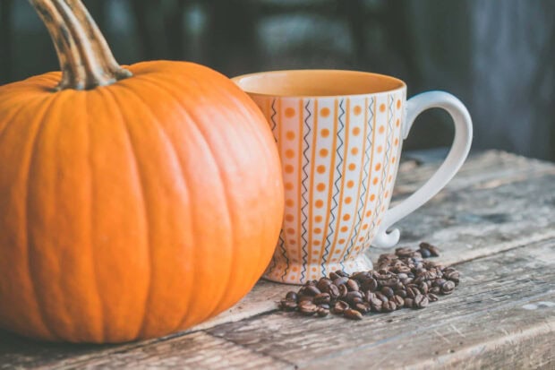 A cozy fall desktop wallpaper showing a pumpkin, a patterned coffee mug, and scattered coffee beans on a rustic wooden surface