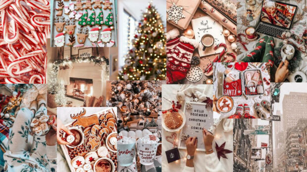 A warm and cozy Christmas collage wallpaper featuring gingerbread cookies, candy canes, decorated trees, and festive drinks