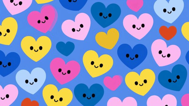 A playful heart wallpaper displaying a seamless pattern of cute, colorful cartoon hearts with small faces on a vibrant blue background