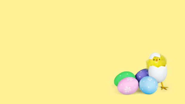 A cute yellow chick emerging from an eggshell, surrounded by colorful pastel Easter Egg Wallpaper on a soft yellow background