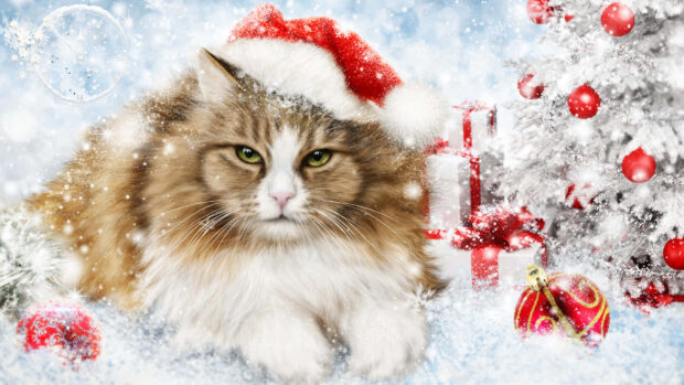 A cute Christmas cat wallpaper featuring a fluffy cat in a Santa hat surrounded by falling snow and a white Christmas tree