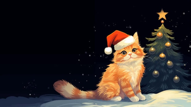 A cute Christmas cat wallpaper featuring an orange cat wearing a Santa hat next to a decorated Christmas tree on a snowy ground