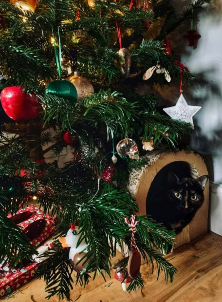 A cute Christmas cat wallpaper showing a dark cat peeking from a log hideout under a festive Christmas tree with ornaments
