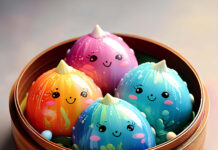 A close-up of cute colorful Easter egg wallpaper featuring smiling dessert-like eggs in a bamboo steamer with small candies