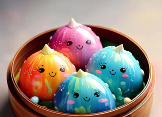A close-up of cute colorful Easter egg wallpaper featuring smiling dessert-like eggs in a bamboo steamer with small candies