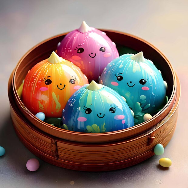 A close-up of cute colorful Easter egg wallpaper featuring smiling dessert-like eggs in a bamboo steamer with small candies