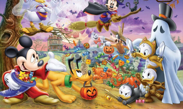 Cute Disney Halloween wallpaper featuring many Disney characters trick-or-treating around a spooky house with pumpkins and ghosts