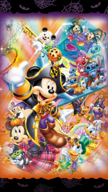 A cute Disney Halloween wallpaper featuring many characters like Pirate Mickey, Minnie, Donald, and Stitch in festive costumes