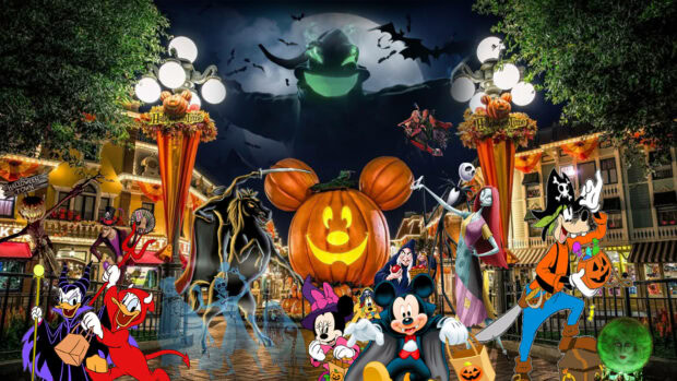A cute Disney Halloween wallpaper displaying various characters like Mickey, Minnie, Jack, and villains celebrating on a spooky street with a large pumpkin