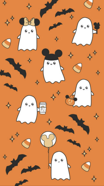 A cute Disney Halloween wallpaper showcasing adorable white ghosts with Mickey ears, candy corn, and bats on an orange background