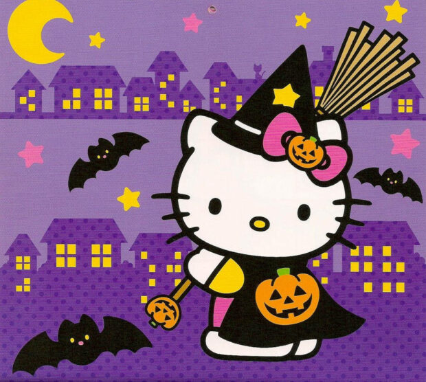 Cute Disney Halloween wallpaper featuring Hello Kitty dressed as a witch with a broom and bats flying in a purple night sky
