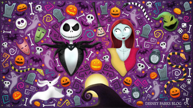 A cute Disney Halloween wallpaper featuring a pattern of Jack Skellington, Sally, Zero, pumpkins, and ghosts on a vibrant purple background