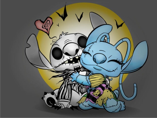 A cute Disney Halloween wallpaper featuring Stitch dressed as Jack Skellington hugging Angel dressed as Sally against a yellow moon