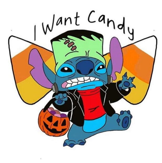 A cute Disney Halloween wallpaper featuring Stitch dressed as Frankenstein holding a pumpkin basket with candy corn wings and the text 'I Want Candy'