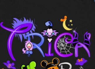 A cute Disney Halloween wallpaper displaying 'Trick or Treat' text designed with Mickey, Minnie, ghost, and other Halloween Disney characters on a dark background