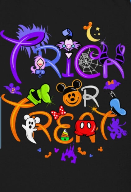 A cute Disney Halloween wallpaper displaying 'Trick or Treat' text designed with Mickey, Minnie, ghost, and other Halloween Disney characters on a dark background