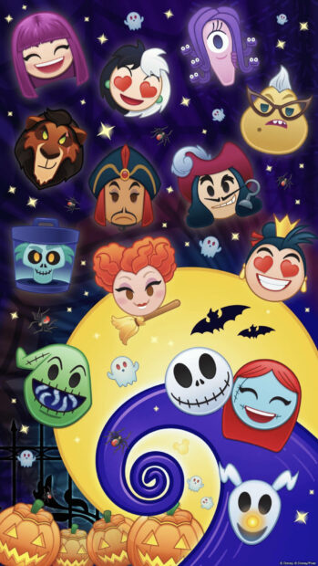 A cute Disney Halloween wallpaper featuring Tsum Tsum style characters like Jack Skellington, Sally, and Disney villains