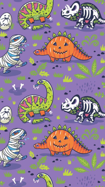 A cute Halloween wallpaper featuring a seamless pattern of cartoon dinosaurs dressed in Halloween costumes on a purple background