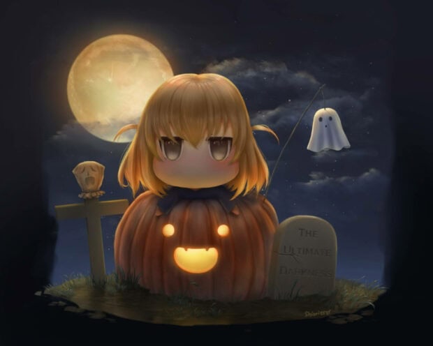 A cute Halloween wallpaper depicting a chibi anime girl in a pumpkin costume, standing by a gravestone with a small ghost and a full moon in the night sky