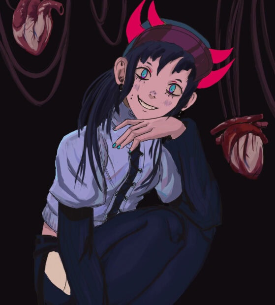 Cute Halloween Wallpaper featuring an anime girl with demon horns and a mischievous smile, with floating hearts on a dark background