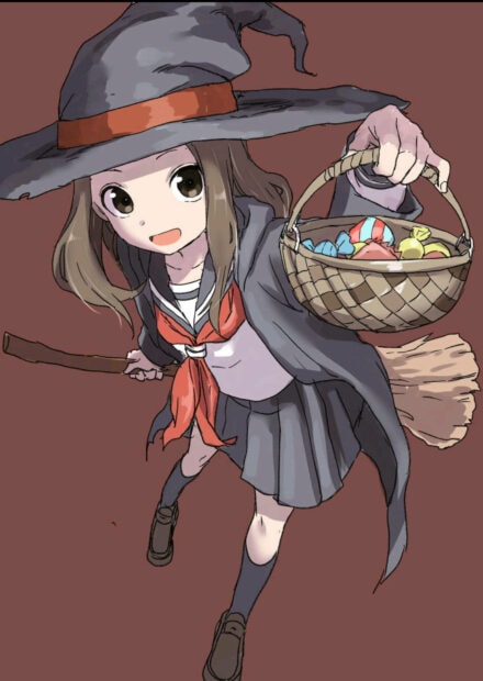 A cute Halloween wallpaper featuring an anime girl dressed as a witch holding a basket of trick-or-treat candy