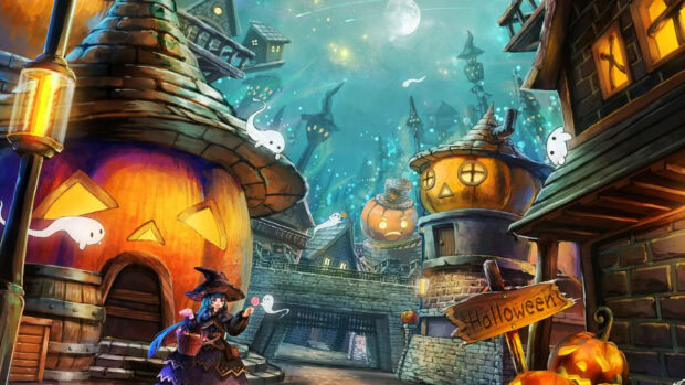 Cute Halloween wallpaper depicting an anime witch in a spooky village with pumpkin houses and flying ghosts under a full moon