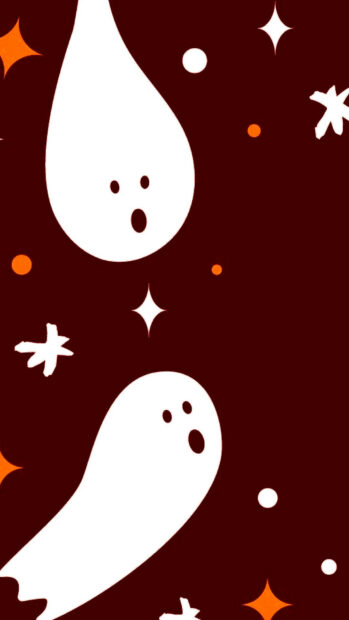 A cute Halloween wallpaper depicting two simple white cartoon ghosts with wide eyes and open mouths on a dark maroon background with scattered orange and white stars