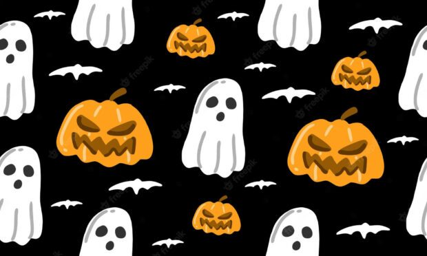 A cute Halloween wallpaper featuring a seamless pattern of cartoon ghosts, smiling jack-o'-lanterns, and small white bats on a dark black background