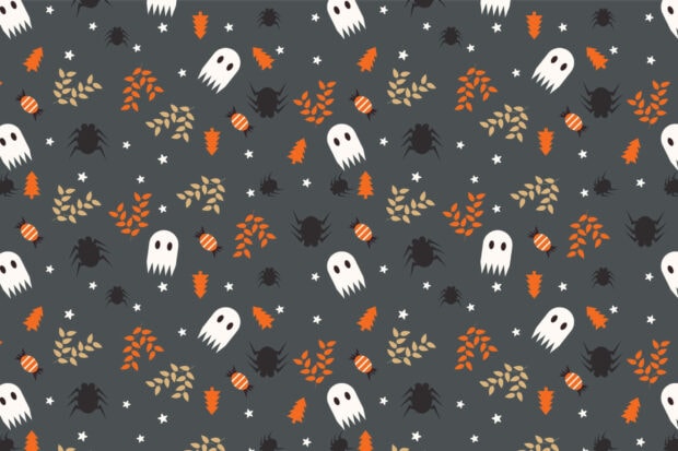 A cute Halloween wallpaper displaying a repeating pattern of cartoon ghosts, spiders, autumn leaves, and wrapped candies on a dark gray background