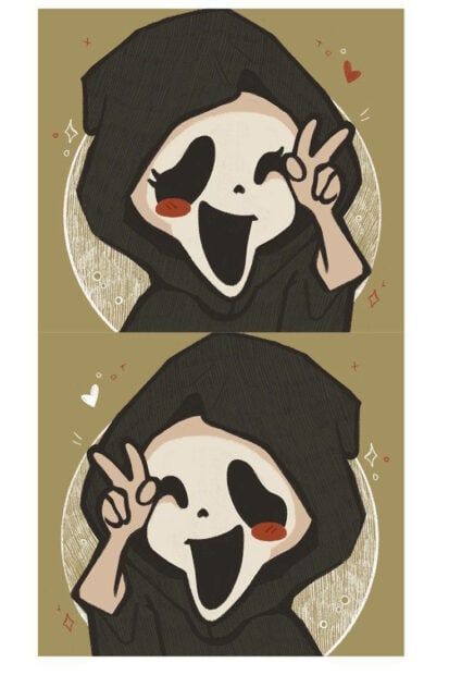 A cute Halloween wallpaper featuring two cartoon panels of a stylized Ghostface character making peace signs and winking on a light olive green background