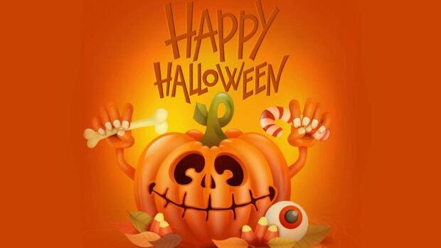 Cute Halloween wallpaper featuring a happy smiling pumpkin character holding a bone and candy cane on an orange background