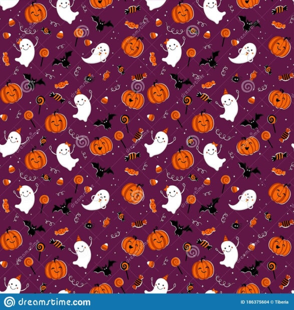 A cute Halloween wallpaper featuring a seamless pattern of happy ghosts, pumpkins, bats, and candy on a purple background