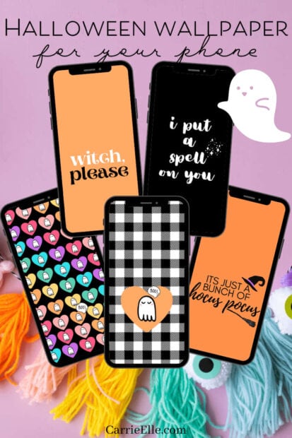 A cute Halloween wallpaper showing a collage of multiple phone screens displaying various Halloween-themed designs and quotes