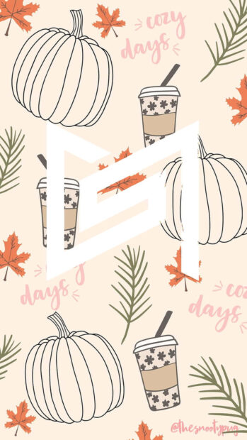 A cute Halloween wallpaper with a repeating pattern of outline pumpkins, coffee cups, and autumn leaves on a light background