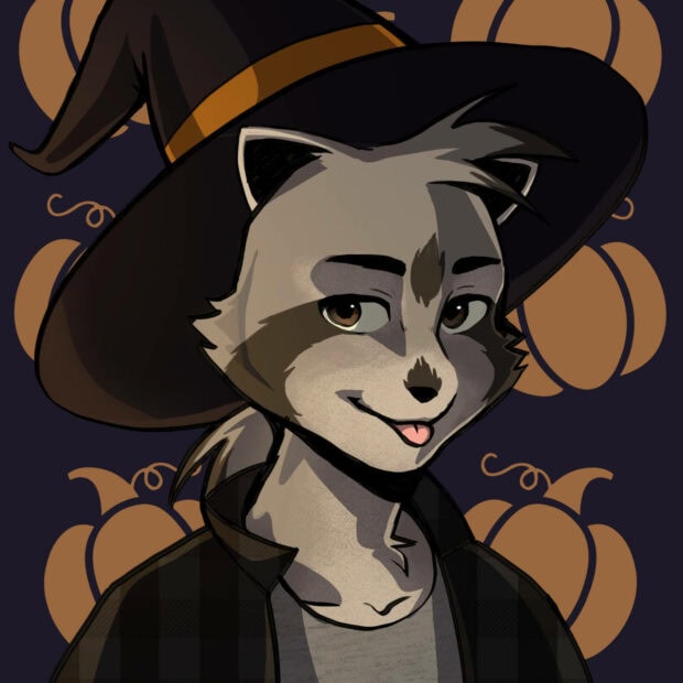 A cute Halloween wallpaper depicting a cartoon raccoon character wearing a witch hat against a pumpkin pattern background