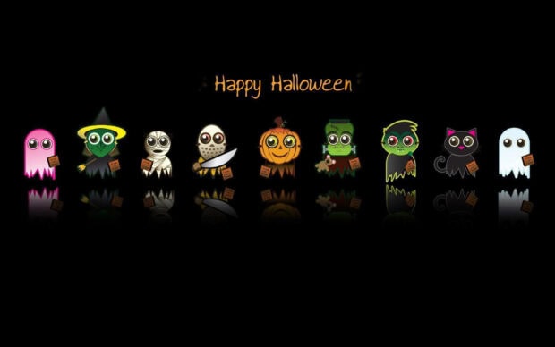 Cute Halloween wallpaper featuring a diverse line-up of spooky cartoon characters on a dark black background