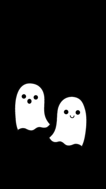 A cute Halloween wallpaper showing two simple cartoon ghosts with different expressions on a solid black background