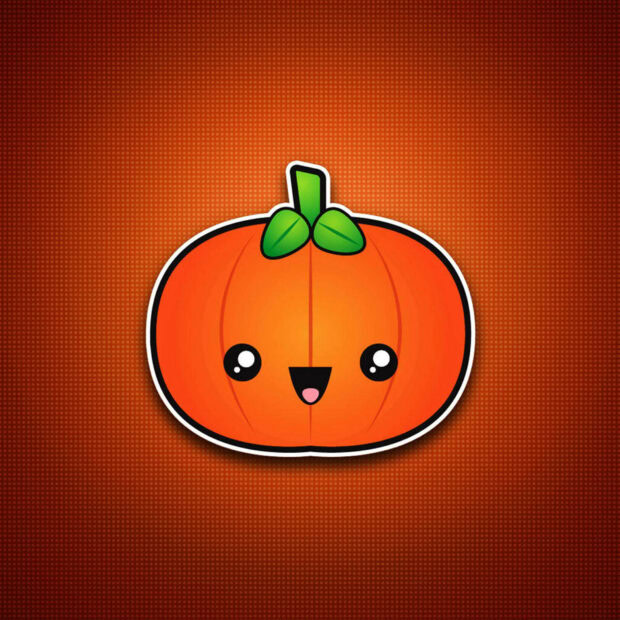 A cute kawaii halloween ipad wallpaper featuring a happy cartoon pumpkin centered on a textured orange background