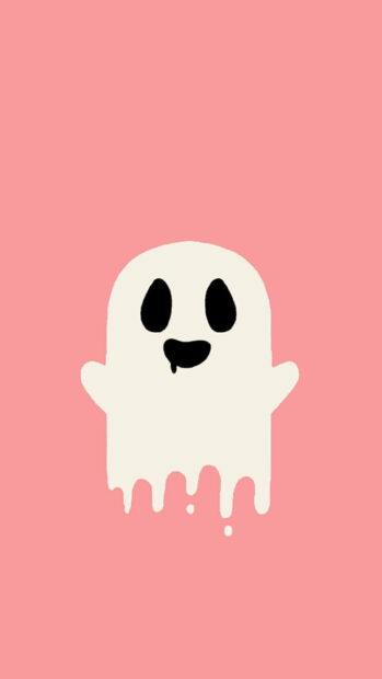 A cute Halloween wallpaper featuring a minimalist white ghost with black eyes on a pastel pink background