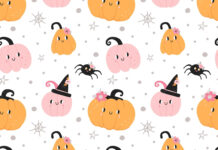 A cute Halloween wallpaper featuring a seamless pattern of cartoon pink and orange pumpkins, spiders, and spiderwebs on a white background