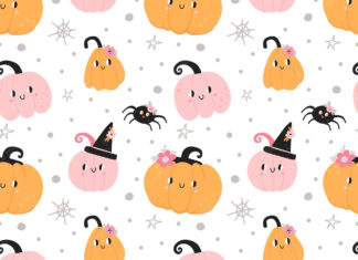 A cute Halloween wallpaper featuring a seamless pattern of cartoon pink and orange pumpkins, spiders, and spiderwebs on a white background